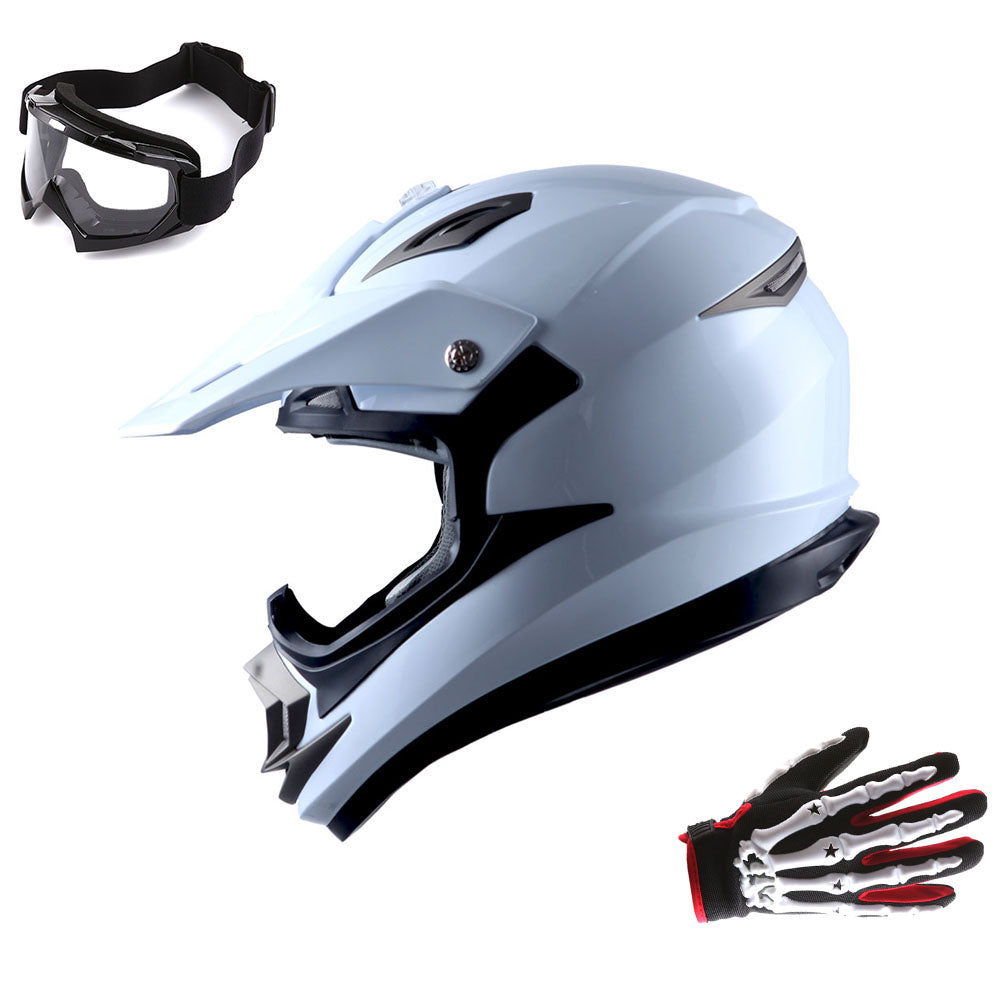 1Storm Adult Motocross Helmet Off Road MX BMX ATV Dirt Bike HGXP14B Mechanic + Goggles + Skeleton Glove Bundle