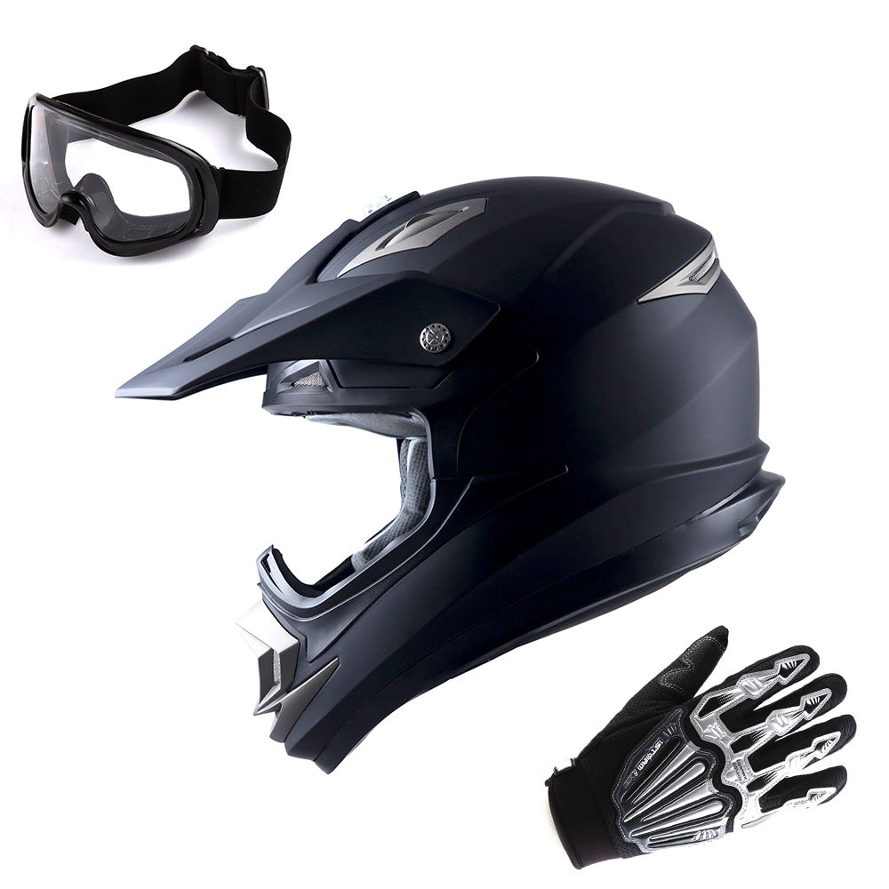 1Storm Adult Motocross Helmet Off Road MX BMX ATV Dirt Bike HGXP14B Mechanic + Goggles + Skeleton Glove Bundle
