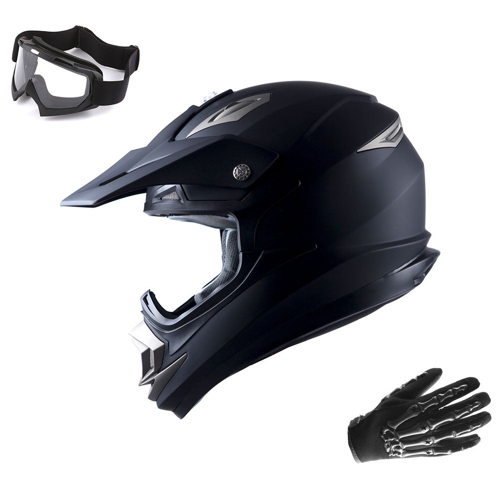 1Storm Adult Motocross Helmet Off Road MX BMX ATV Dirt Bike HGXP14B Mechanic + Goggles + Skeleton Glove Bundle