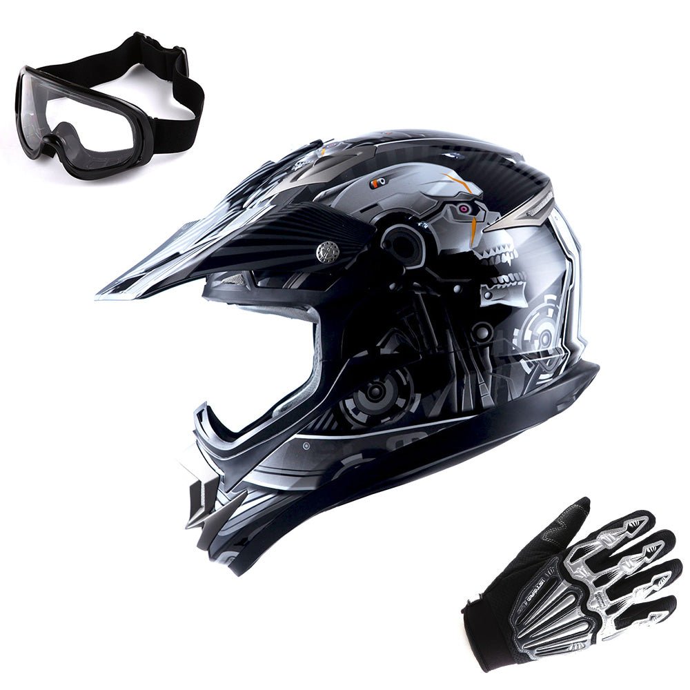 1Storm Adult Motocross Helmet Off Road MX BMX ATV Dirt Bike HGXP14B Mechanic + Goggles + Skeleton Glove Bundle