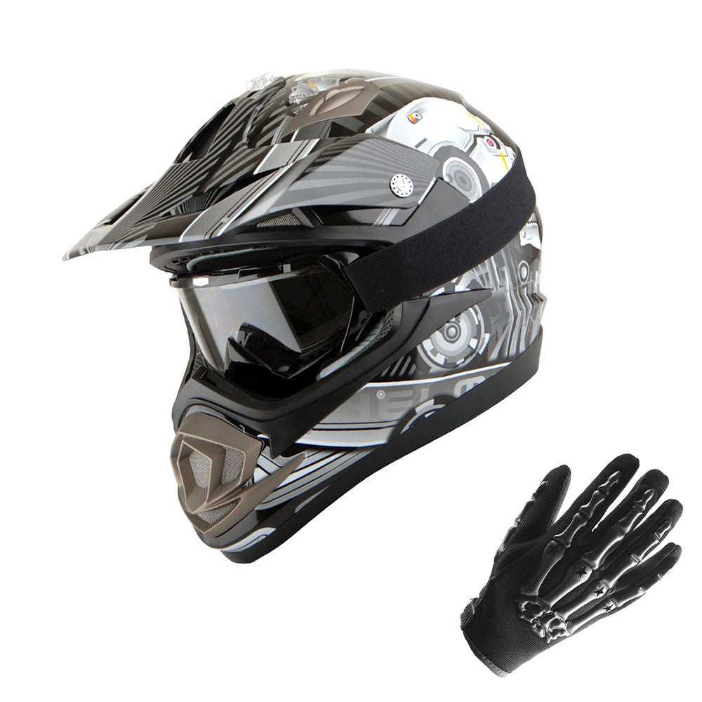 1Storm Adult Motocross Helmet Off Road MX BMX ATV Dirt Bike HGXP14B Mechanic + Goggles + Skeleton Glove Bundle