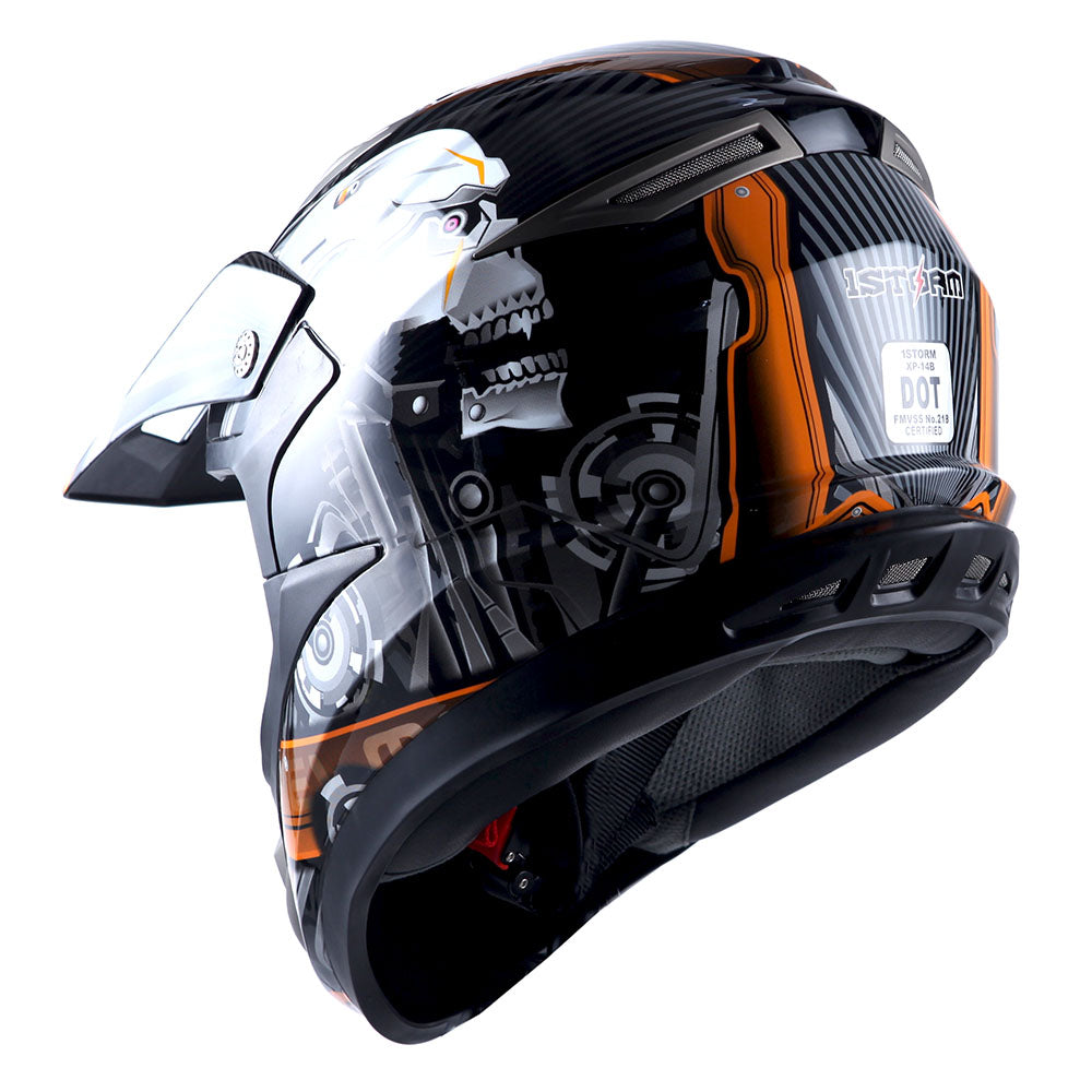 1Storm Adult Motocross Helmet Off Road MX BMX ATV Dirt Bike HGXP14B Mechanic + Goggles + Skeleton Glove Bundle