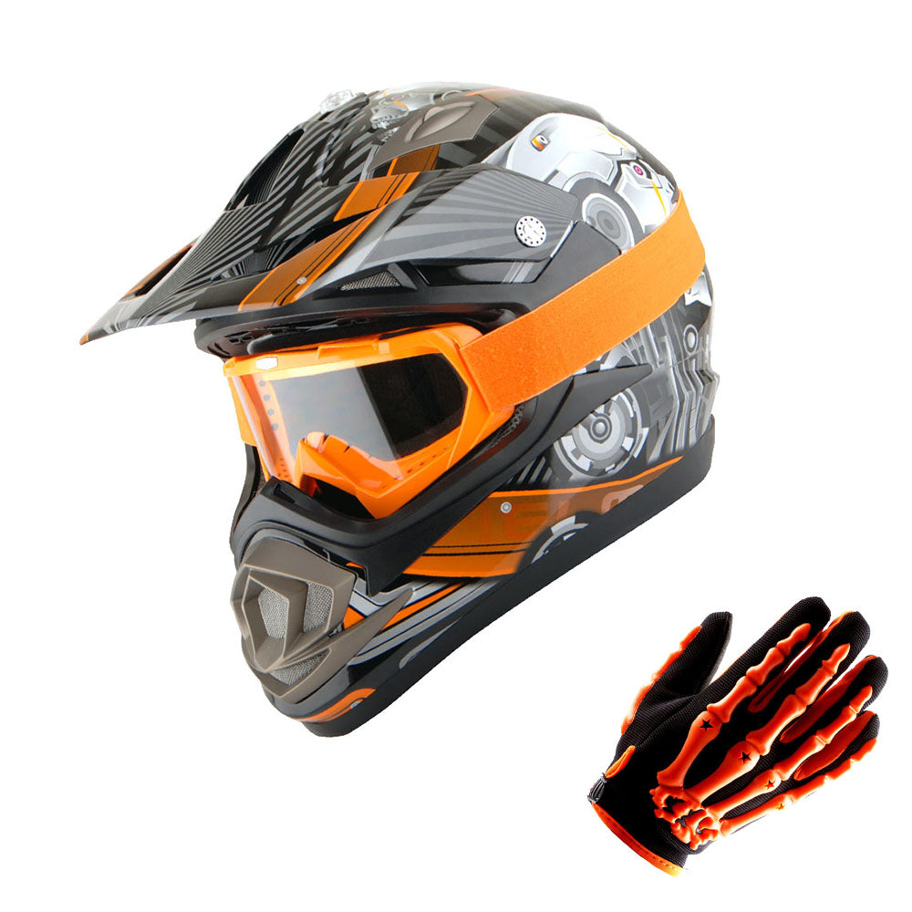 1Storm Adult Motocross Helmet Off Road MX BMX ATV Dirt Bike HGXP14B Mechanic + Goggles + Skeleton Glove Bundle