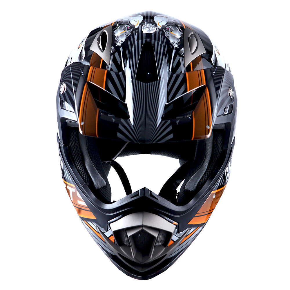 1Storm Adult Motocross Helmet Off Road MX BMX ATV Dirt Bike HGXP14B Mechanic + Goggles + Skeleton Glove Bundle