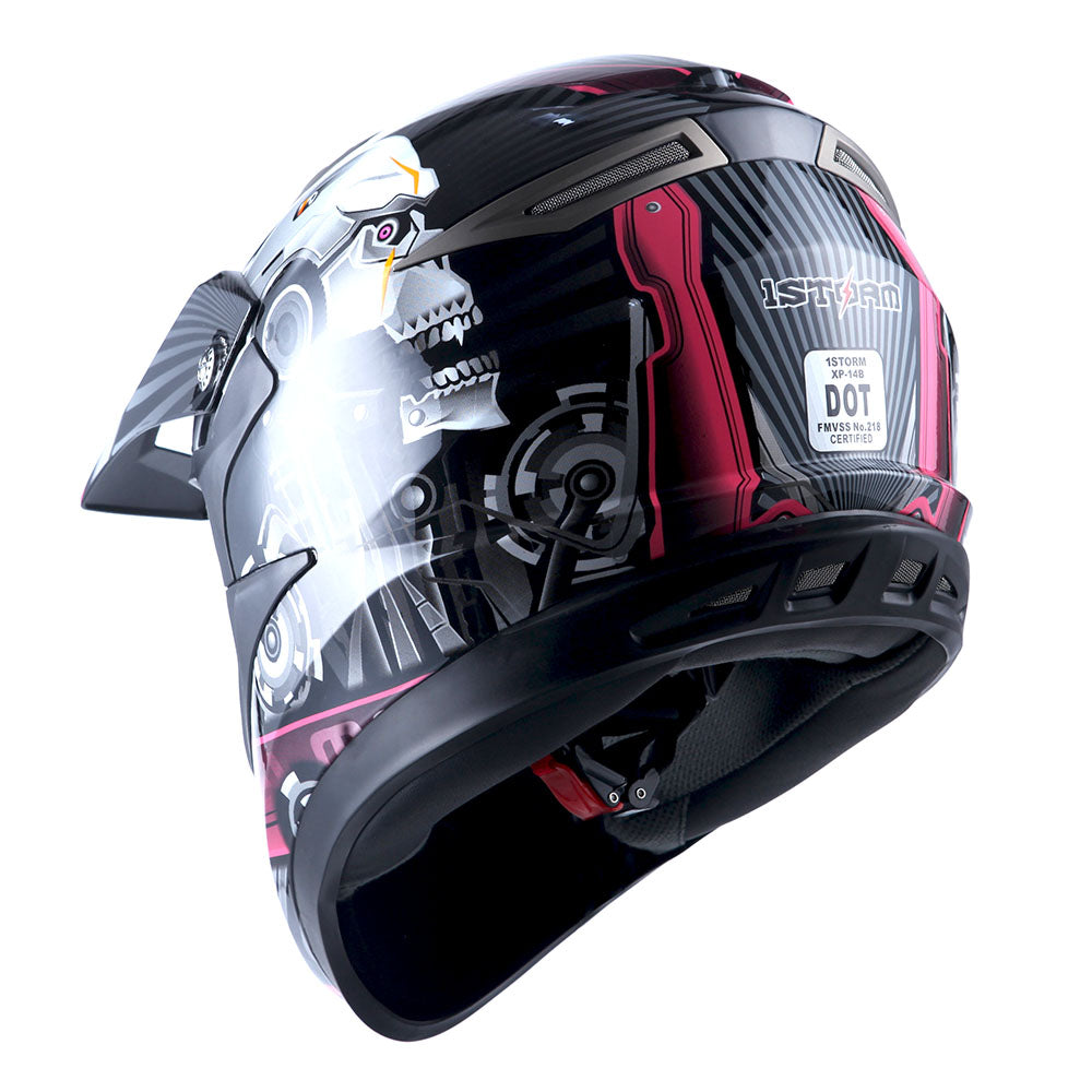 1Storm Adult Motocross Helmet Off Road MX BMX ATV Dirt Bike HGXP14B Mechanic + Goggles + Skeleton Glove Bundle