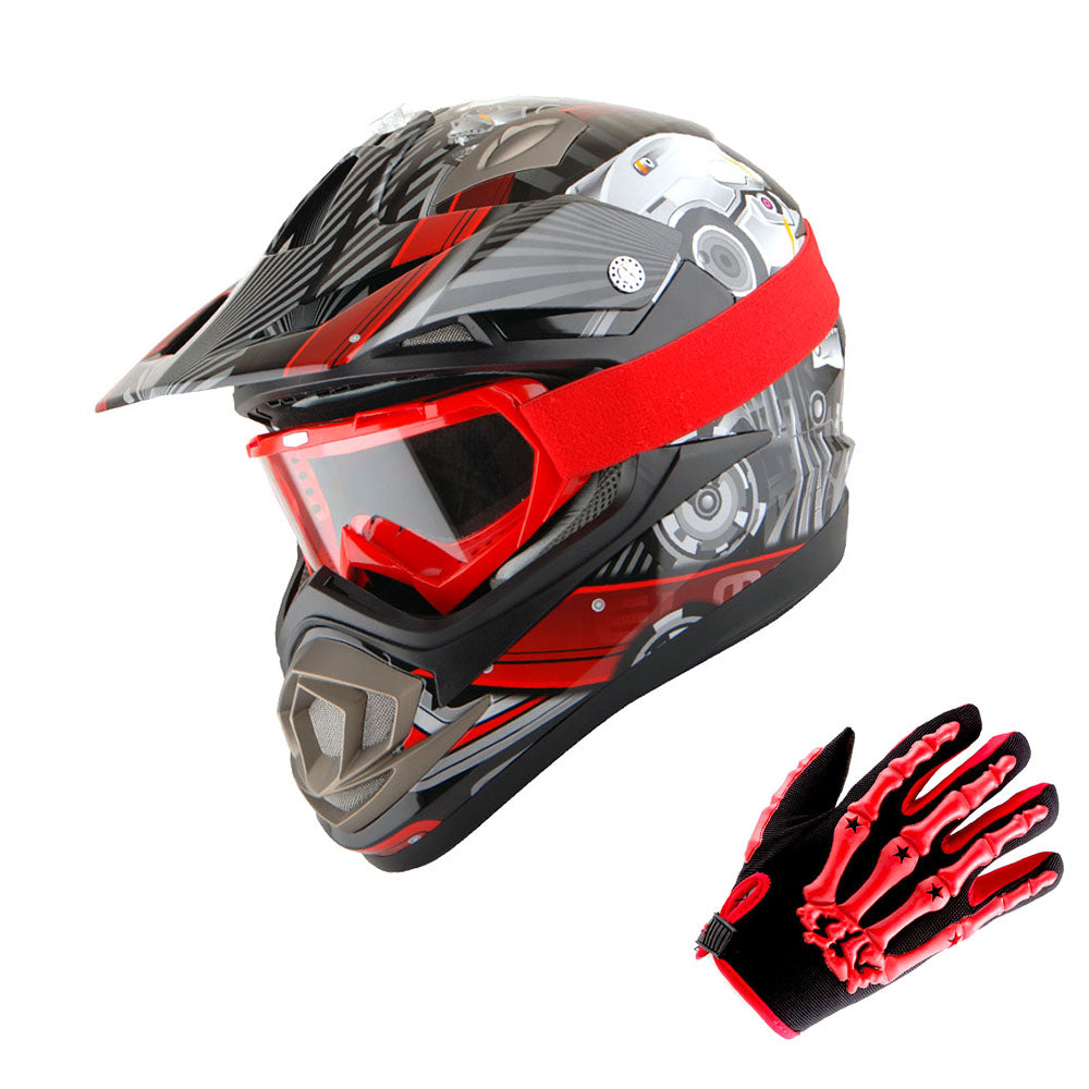 1Storm Adult Motocross Helmet Off Road MX BMX ATV Dirt Bike HGXP14B Mechanic + Goggles + Skeleton Glove Bundle