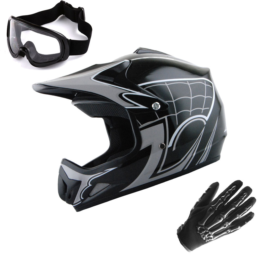 WOW Youth Kids Motocross BMX MX ATV Dirt Bike Helmet HJOY Spider Web + Goggles + Skeleton Glove Bundle