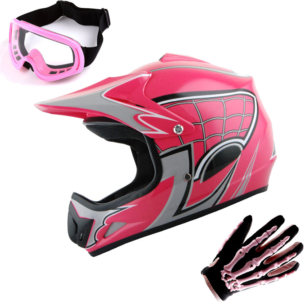 WOW Youth Kids Motocross BMX MX ATV Dirt Bike Helmet HJOY Spider Web + Goggles + Skeleton Glove Bundle