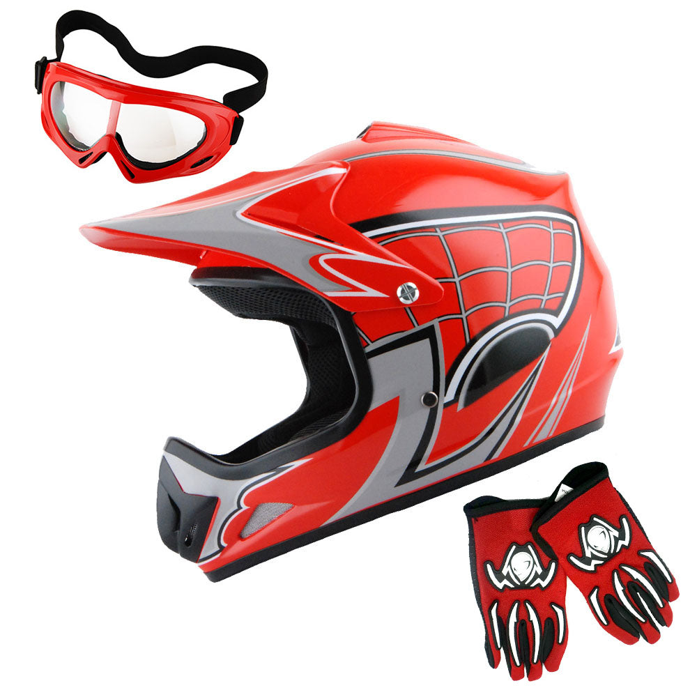 WOW Youth Motocross Helmet HJOY BMX MX ATV Dirt Bike Helmet Spider Web + Goggles + Martian Spider Glove Youth Bundle