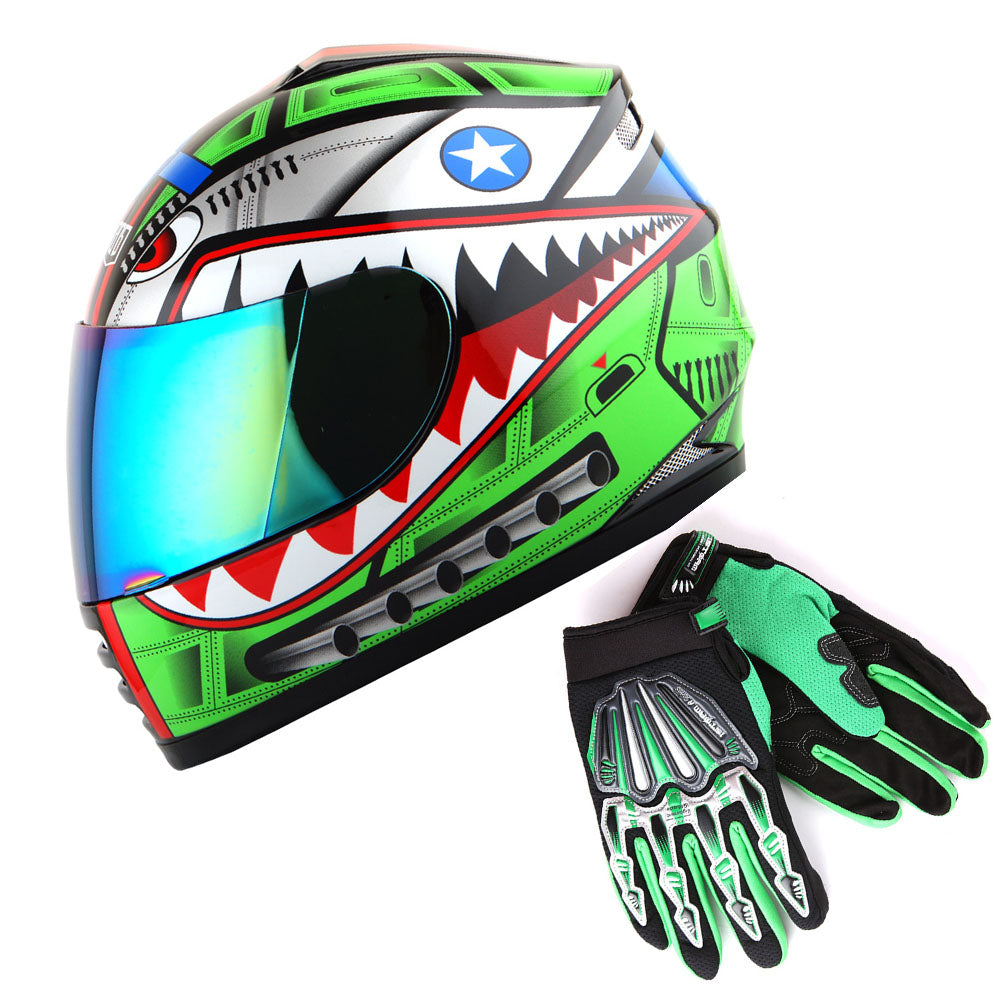 WOW Youth Kids Motorcycle Full Face Helmet Street Bike BMX MX + Skeleton Glove Bundle: HKY-B15