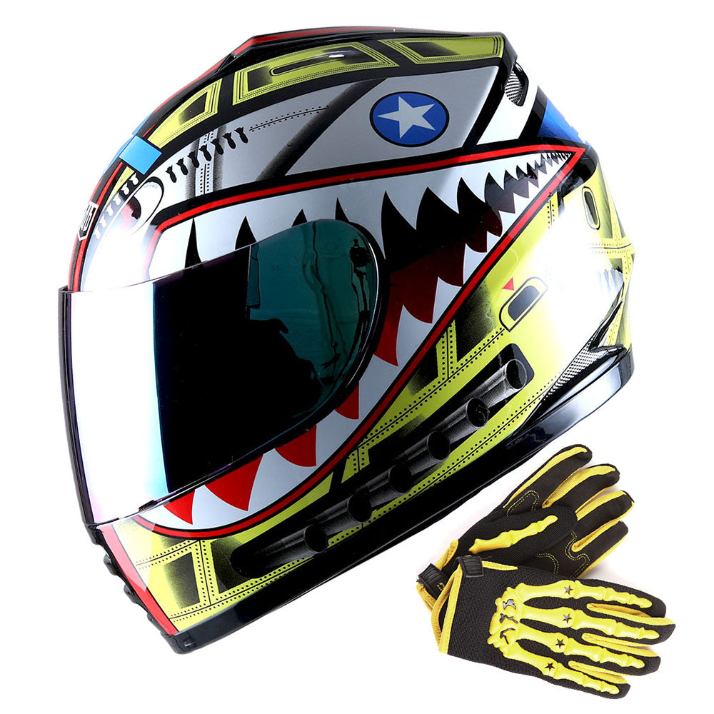 WOW Youth Motorcycle Full Face Helmet Street Bike BMX MX  Kids Shark + MX Skeleton Glove Bundle: HKY-B15