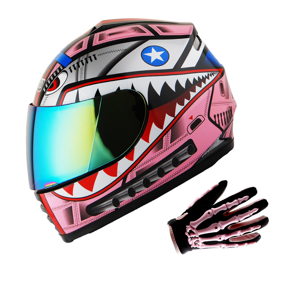 WOW Youth Motorcycle Full Face Helmet Street Bike BMX MX  Kids Shark + MX Skeleton Glove Bundle: HKY-B15