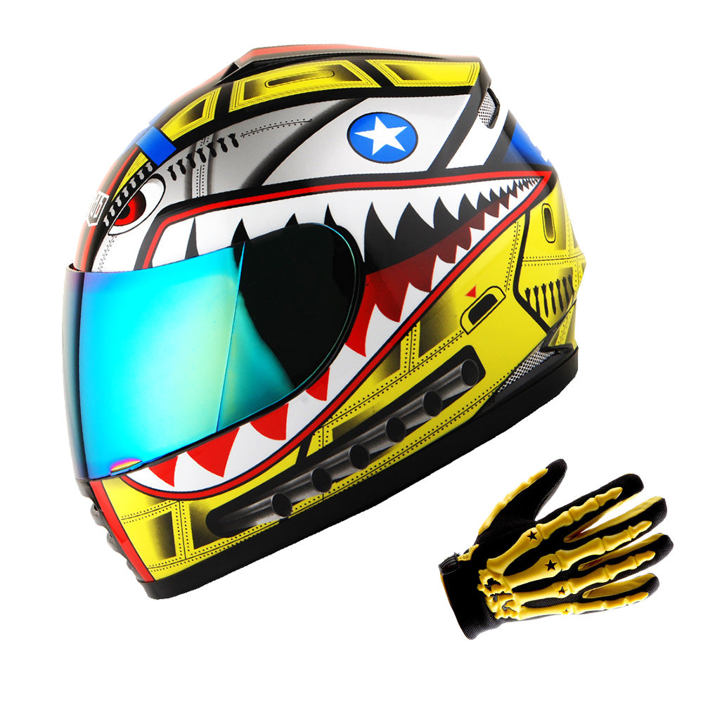 WOW Youth Motorcycle Full Face Helmet Street Bike BMX MX  Kids Shark + MX Skeleton Glove Bundle: HKY-B15