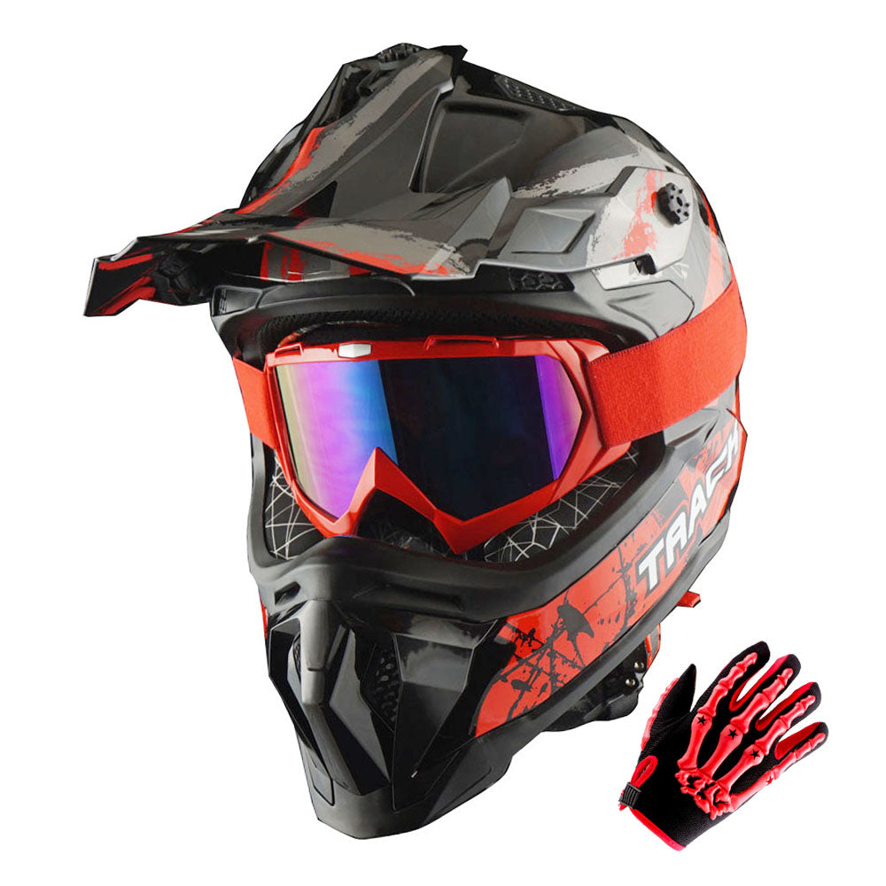 goggles for motocross helmets 1Storm Adult Motocross HelmetTrack Style JH601 + Goggles + Skeleton Glove Bundle Z Bundle Track Red / XL( 61-62 cm 23.8/24.2 Inch )