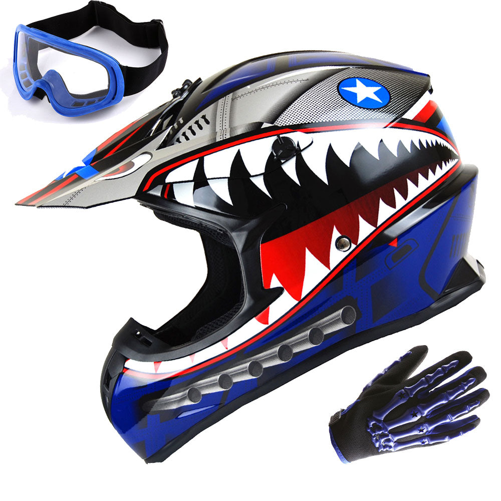 1Storm Adult Motocross Helmet BMX MX ATV Dirt Bike Downhill Mountain Bike Helmet HKY_SC09S Monster Shark + Goggles + Skeleton Glove Bundle Z Bundle