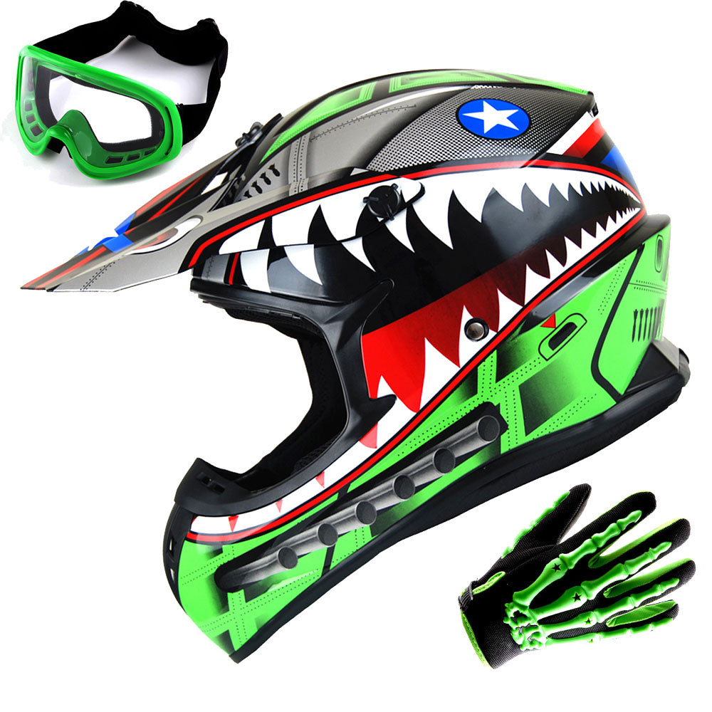 1Storm Adult Motocross Helmet BMX MX ATV Dirt Bike Downhill Mountain Bike Helmet HKY_SC09S Monster Shark + Goggles + Skeleton Glove Bundle