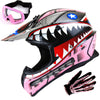 1Storm Adult Motocross Helmet BMX MX ATV Dirt Bike Downhill Mountain Bike Helmet HKY_SC09S Monster Shark + Goggles + Skeleton Glove Bundle