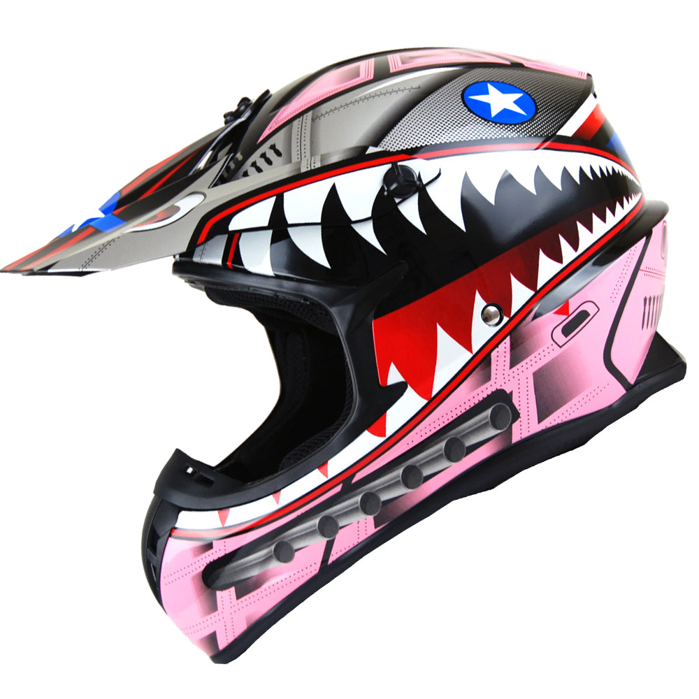 1Storm Adult Motocross Helmet BMX MX ATV Dirt Bike Downhill Mountain Bike Helmet HKY_SC09S Monster Shark + Goggles + Skeleton Glove Bundle