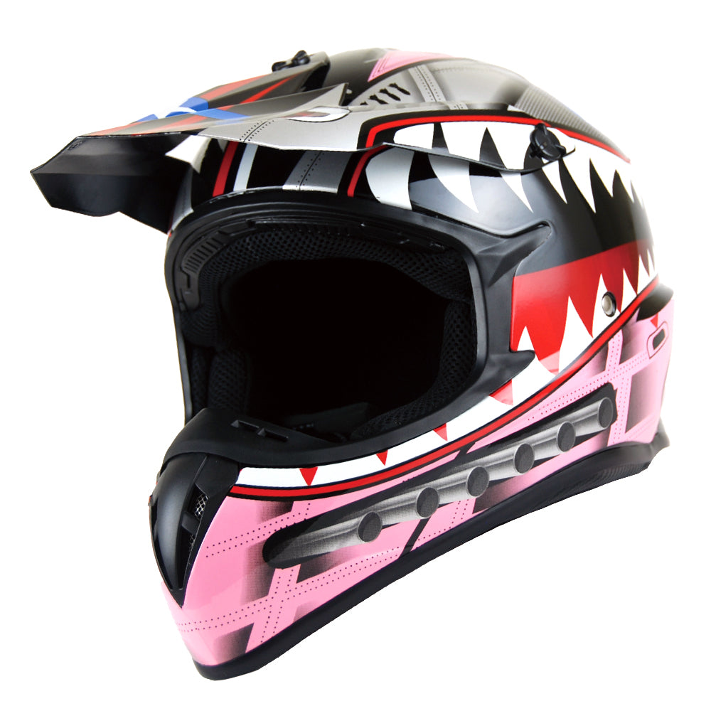 1Storm Adult Motocross Helmet BMX MX ATV Dirt Bike Downhill Mountain Bike Helmet HKY_SC09S Monster Shark + Goggles + Skeleton Glove Bundle